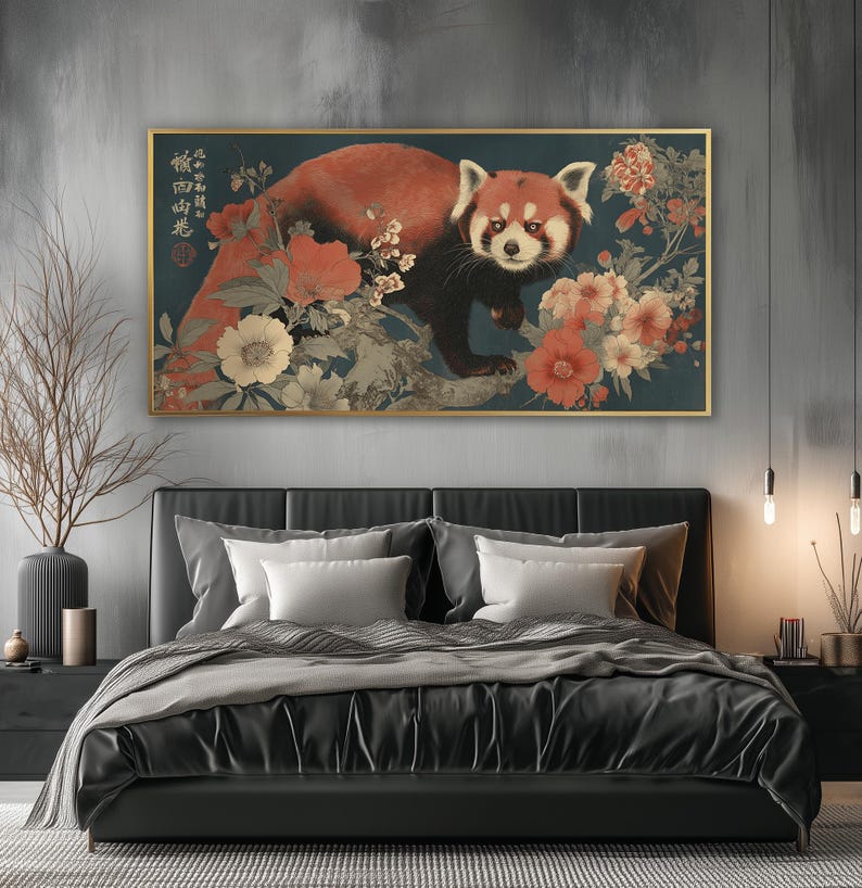 Japanese Red Panda Panoramic Art Print - Wabi Sabi Floral Poster ...