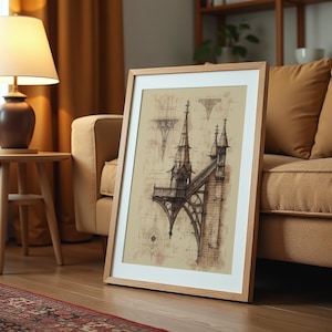 Gothic Sepia Poster – Vintage Gothic Cathedral Architectural Sketch, Technical Drawings, Medieval Antique Architectural Blueprint Sketch