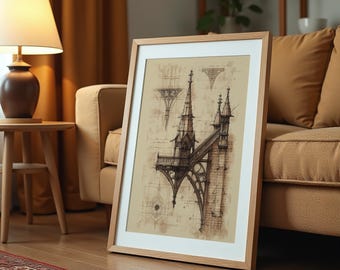 Gothische Kathedrale in Sepia Kunstdruck: Vintage Architekturskizze