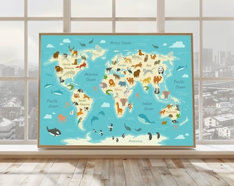 Mapa świata zwierząt dla dzieci – uroczy ilustrowany plakat edukacyjny ze zwierzętami od Continent – dekoracja ścienna do pokoju dziecięcego, pokoju zabaw lub klasy