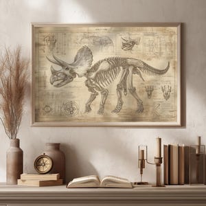 May include: A vintage-style illustration of a Triceratops skeleton on a beige background. The illustration includes detailed anatomical drawings of the dinosaur's bones and skull. The text "Triceratops" is printed at the top of the illustration.