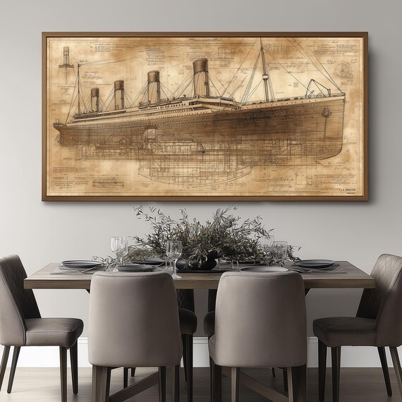 Titanic Ship Blueprint Panoramic Art Print: Vintage Ocean Liner Sketch