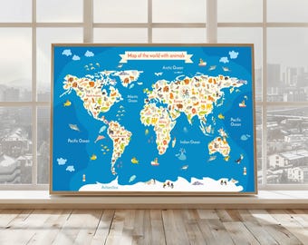 Kids World Map with Animals: Educational Nursery & Playroom Wall Art