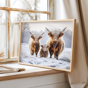 Highland Cow Family Wall Art, Winter Farm Animal Print, Rustic Country Decor, Cozy Farmhouse Style, Highland Cattle Snow Scene Art