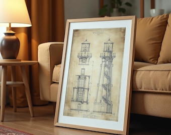 Vintage Lighthouse Blueprint Art Print: Nautical Architectural Sketch