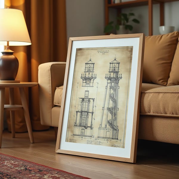 Vintage Lighthouse Blueprint Art Print: Nautical Architectural Sketch