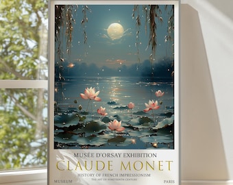Impression nénuphar Monet : art impressionniste français au clair de lune
