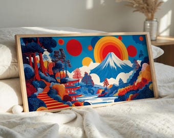 Japońska panorama góry Fuji, abstrakcyjna sztuka ścienna, plakat z Japonii, kolorowa dekoracja salonu, japoński krajobraz