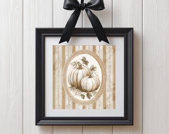 Vintage Herbst Kürbisse - Beige Streifen Herbst Ernte Quadratische Wandkunst