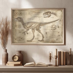 Velociraptor Anatomie Druck – Vintages Dinosaurier-Skelett Wissenschaftliche Illustration, Paläontologie Blueprint Wandkunst, Anatomisches Fossil