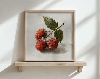 Raspberry Still Life Print, Cottagecore Kitchen Wall Art, Fruit Still Life Decor