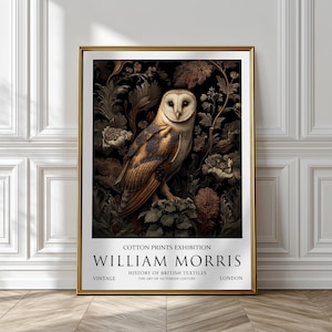 William Morris Barn Owl Print – Vintage Dark Academia Wall Art, Bird Painting, Victorian Home/Office Décor, Baroque, Dark Floral Art Prints