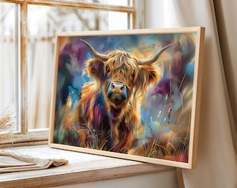 Print, Highland Cow Abstract Colourful Wall Art, Living Room Decor