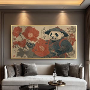 Japanese Panda Monk Panoramic Art Print - Ukiyo-e Floral Animal Poster, Japandi Wabi Sabi Style, Asian Home Décor Artwork for Living Room