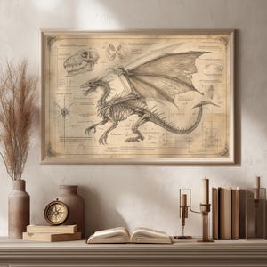 Arte mural de esqueleto de dragón: ilustración científica de anatomía fantástica vintage, arte paleontológico, criatura mítica, dibujo anatómico a lápiz