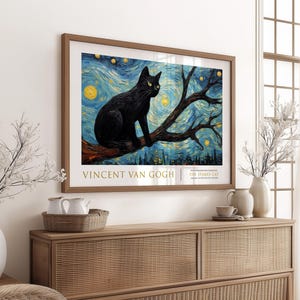 Lámina de gato de noche estrellada: lámina de gato negro estilo Van Gogh: arte de pared caprichoso: decoración de gato con cielo estrellado, regalo celestial para amantes de los gatos