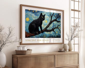 Stampa artistica di gatto nero nella notte stellata: decorazione celeste in stile Van Gogh