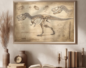 T-Rex Skeleton Anatomy Print – Vintage Dinosaur Skeleton Scientific Illustration, Palaeontology Wall Art, Anatomy Blueprint, Fossil Anatomy