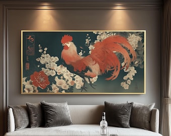Japanese Rooster Art Print: Ukiyo-e Floral Woodblock Style