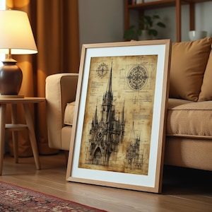 Gothic Cathedral Poster – Vintage Architectural Blueprints, Technical Drawing , Antique Gothic Architectural Spires & Rose Window Blueprint