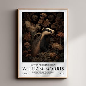 Badger William Morris Print – Vintage Animal Dark Academia Painting, Botanical Wall Art, Victorian Home/Office Décor ,Baroque, Textile Art