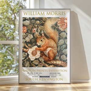 Impresión de William Morris, póster de la exposición de William Morris, póster de William Morris, póster vintage, arte textil, arte mural vintage, ardilla