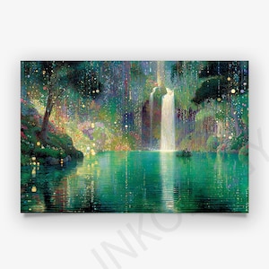 May include: A colourful landscape painting shows a waterfall flowing into a tranquil, turquoise lake. The scene is framed by rich greenery and trees, with twinkling lights adding a magical feel. The artwork conveys a sense of peace and natural beauty.