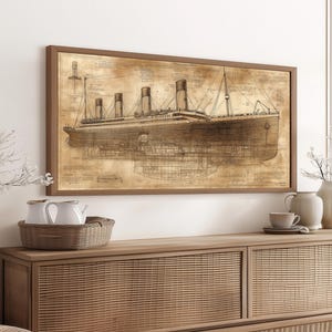 May include: A framed print of a vintage blueprint of the RMS Titanic, a large passenger liner that sank in the North Atlantic Ocean in 1912.