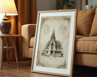 Gothic Herrenhaus Poster: Vintage Architekturskizze, Mittelalterliche Wandkunst