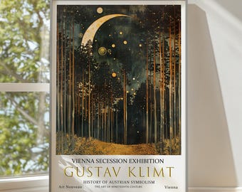 Gustav Klimt Moon & Stars Print, Gustav Klimt Exhibition Poster, Gustav Klimt Poster, Vintage Poster, Night Garden Art, Vintage Wall Art