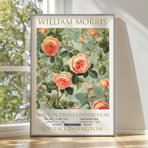 Impresión de William Morris, póster de la exposición de William Morris, póster de William Morris, póster vintage, arte textil, arte mural vintage, impresión de rosas