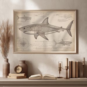 Póster de tiburón blanco: ilustración vintage de anatomía marina, esqueleto de tiburón, decoración de pared con fósiles, dibujo a lápiz de anatomía