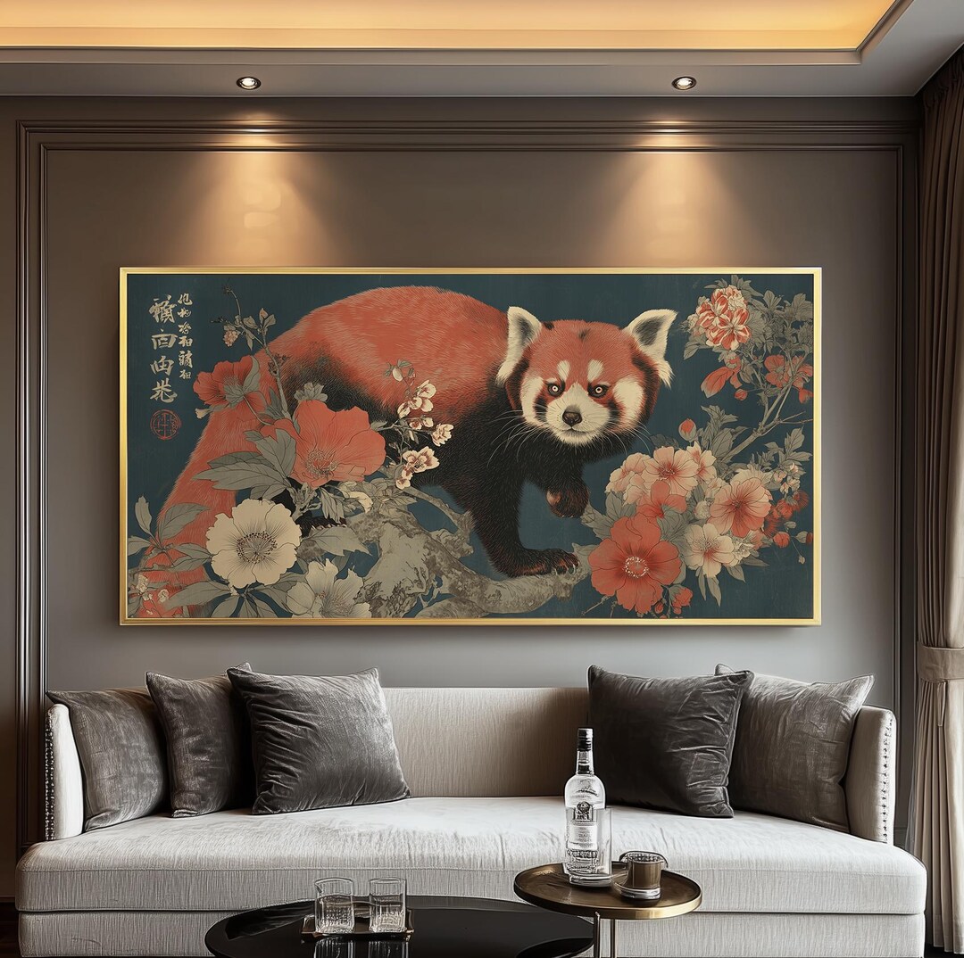 Japanese Red Panda Panoramic Art Print - Wabi Sabi Floral Poster ...