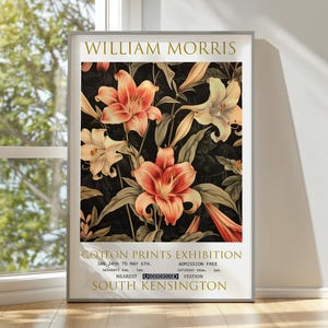 Impresión de William Morris, póster de la exposición de William Morris, póster de William Morris, arte de pared vintage, arte floral, póster vintage, arte de pared de lirios