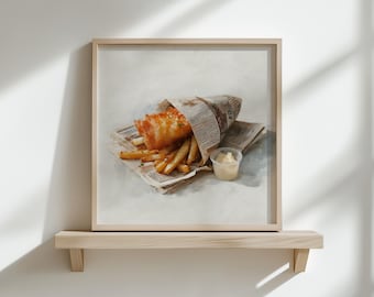 Lámina artística vintage de pescado y patatas fritas: decoración rústica para la pared de la cocina