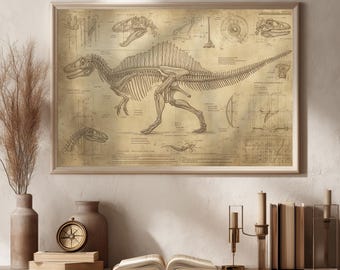 Spinosaurus Anatomy Print – Vintage Dinosaur Skeleton Scientific Illustration, Palaeontology Wall Art, Anatomy Blueprint, Natural History