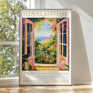 Impresión de Henri Matisse con ventana abierta, impresiones de exposiciones modernas, póster de Matisse, arte fauvista colorido, mar Mediterráneo, vista costera, tropical