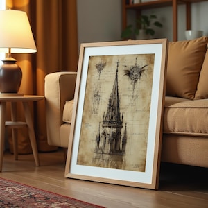Gothic Spire & Gargoyles Architectural Poster – Antique Architectural Blueprint, Technical Drawing, Medieval Art, Vintage Blueprint Wall Art
