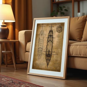May include: A framed vintage style print of a ship's blueprint. The print is on aged paper with a brown background and black ink. The blueprint shows the top and side views of a ship.