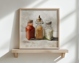 Sauce Bottles Kitchen Print – Vintage Farmhouse Food Wall Art