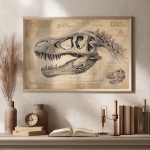 Póster de calavera de T-Rex: impresión vintage de calavera de dinosaurio, ilustración científica de fósiles, decoración de pared de paleontología, dibujo anatómico a lápiz