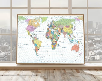Political World Map Poster, Colourful Countries Print, Educational Wall Art