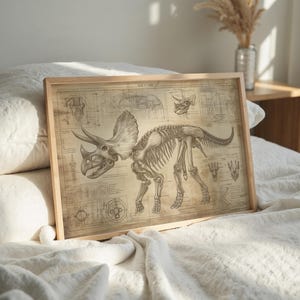 May include: A vintage-style illustration of a Triceratops skeleton with detailed anatomical markings. The image is printed on a light brown background with a wooden frame.