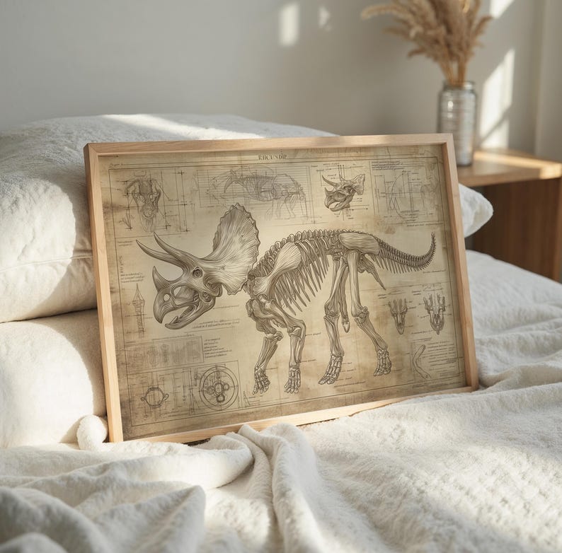 May include: A vintage-style illustration of a Triceratops skeleton with detailed anatomical markings. The image is printed on a light brown background with a wooden frame.