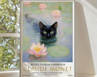 Impression d'art chat Monet nénuphar : affiche impressionniste fantaisiste