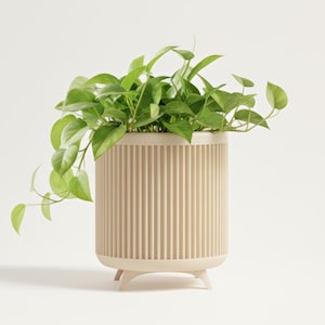 Op de afbeelding: Een beige, cilindervormige plantenbak met verticale groeven en drie kleine voetjes. De plantenbak bevat een levendige groene plant met overhangende bladeren, wat een frisse, moderne uitstraling creëert. Het ontwerp is minimalistisch.