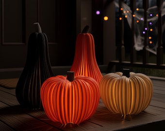 Lot de 4 citrouilles d'Halloween modernes imprimées en 3D – Décoration PLA avec effet bougie chauffe-plat LED – Ensemble d'ambiance automne et Halloween
