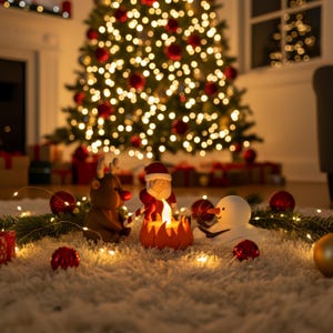 Vrolijk kersttafereel met Santa, rendier en smeltende sneeuwpop op zacht tapijt, omringd door kerstballen, lichtjes en een grote verlichte boom. Warme sfeervolle decoratie, perfect als uniek kerstcadeau.