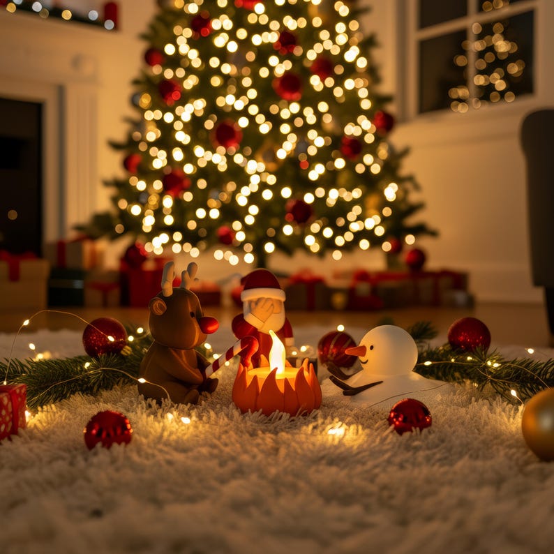 Vrolijk kersttafereel met Santa, rendier en smeltende sneeuwpop op zacht tapijt, omringd door kerstballen, lichtjes en een grote verlichte boom. Warme sfeervolle decoratie, perfect als uniek kerstcadeau.