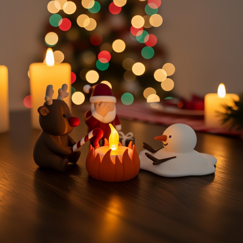 Grappige kerstdecoratie met Santa die een facepalm doet terwijl Rudolf en een smeltende sneeuwpop rond een theelicht-kampvuur zitten. Warme kerstverlichting op de achtergrond zorgt voor een knusse, feestelijke sfeer. Perfect als unieke handgemaakte kerstdecoratie of cadeau.